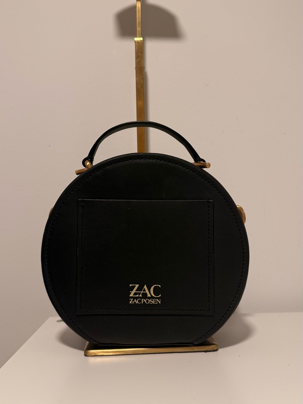 ZAC Zac Posen Black Round Mini Top-Handle Bag with Gold Logo